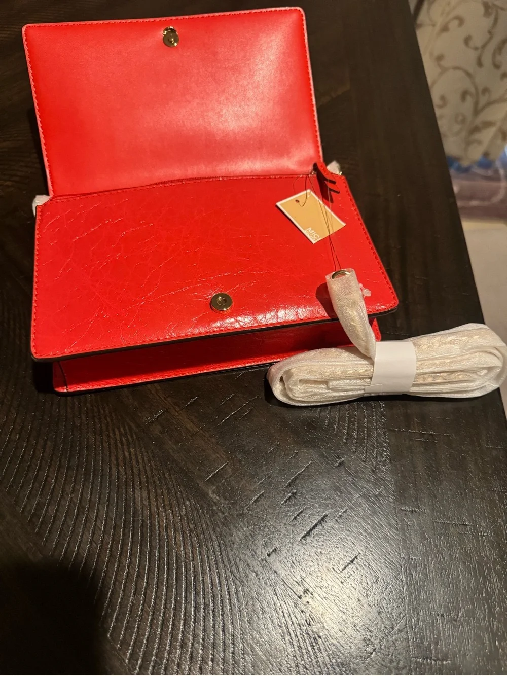 Michael Kors Burnt Sienna Leather Flap Crossbody with Gold Link Chain.